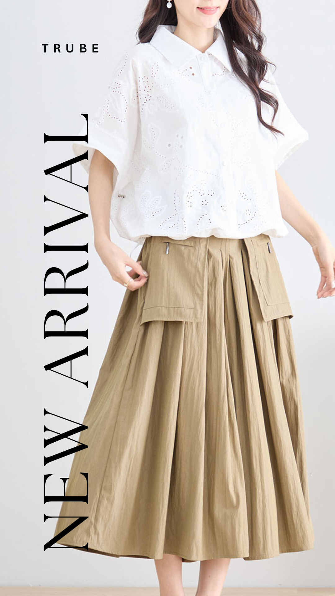 TRUBE タックワイドスカート風ガウチョパンツ【M~L】カーキベージュ