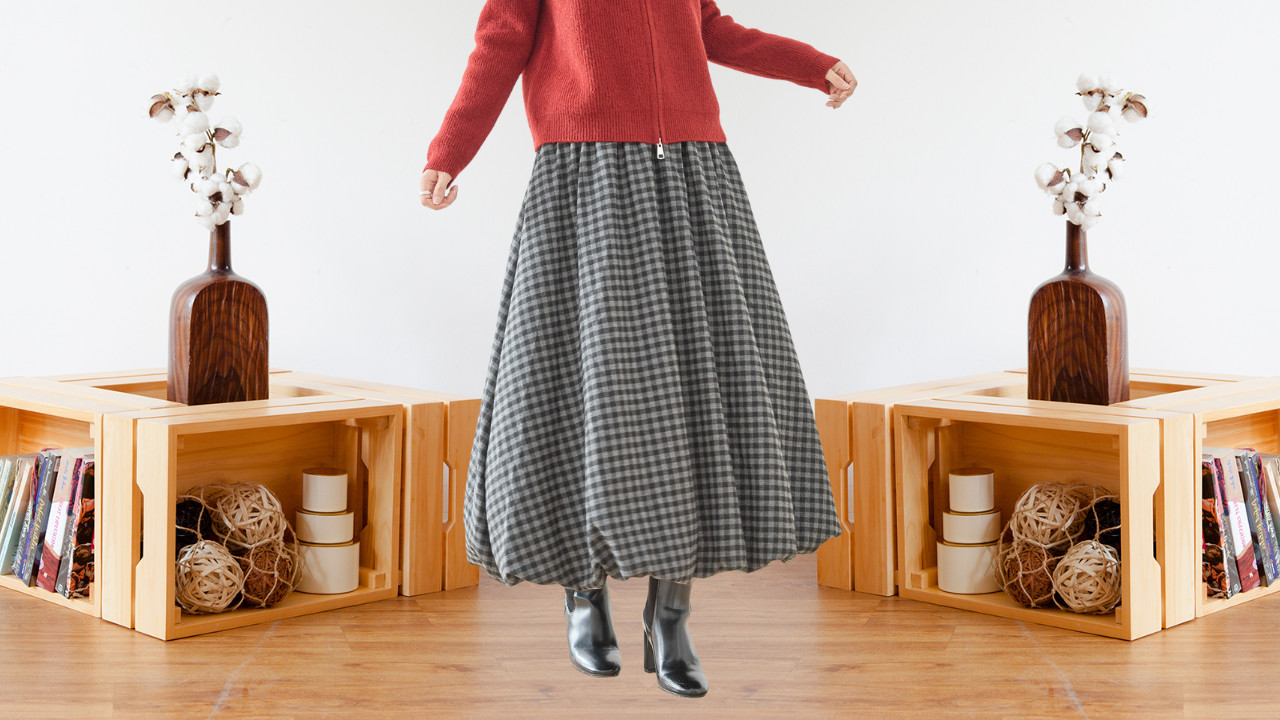 TRUBE スカート ウールティストチェック柄バルーンスカート ウエスト総