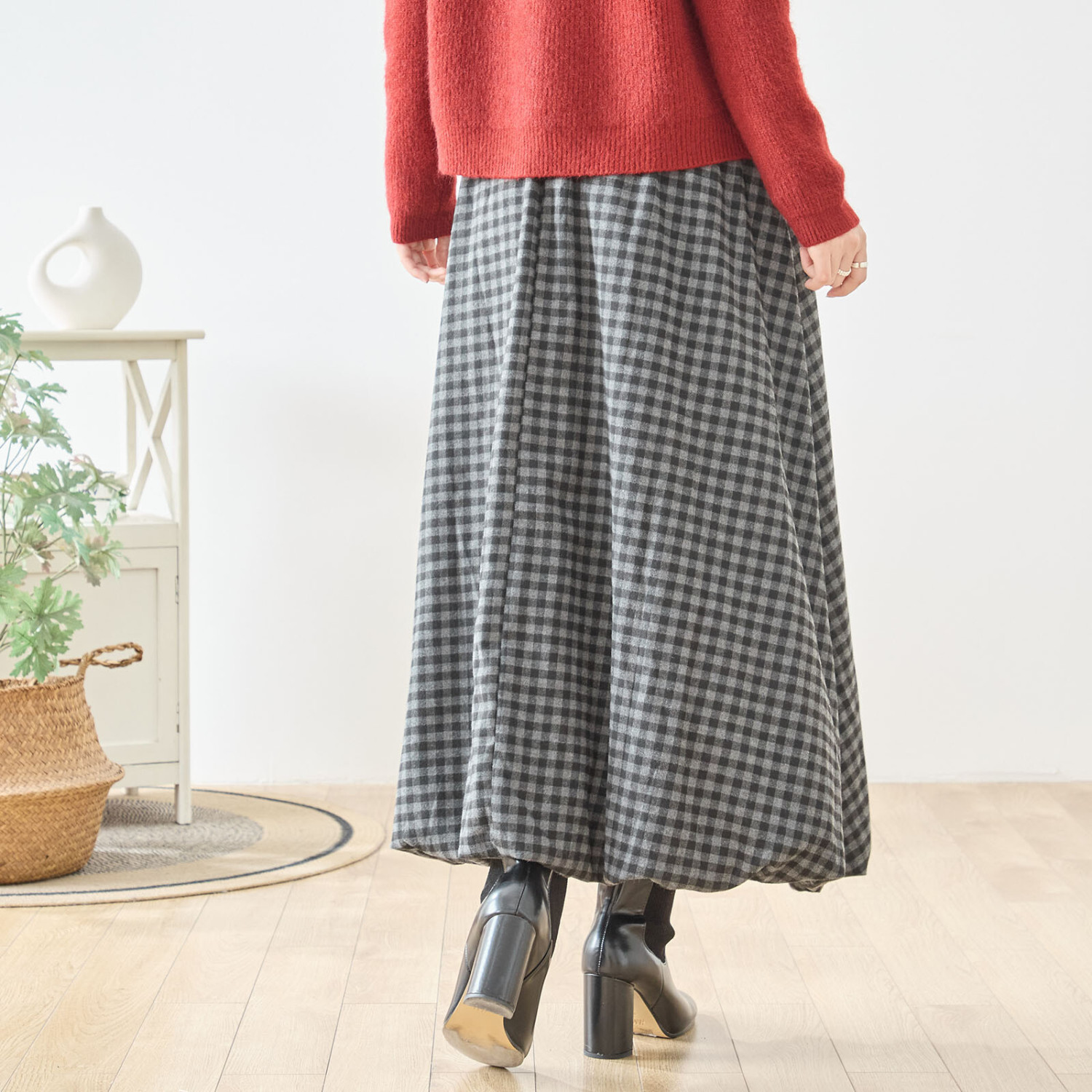 TRUBE スカート ウールティストチェック柄バルーンスカート ウエスト総