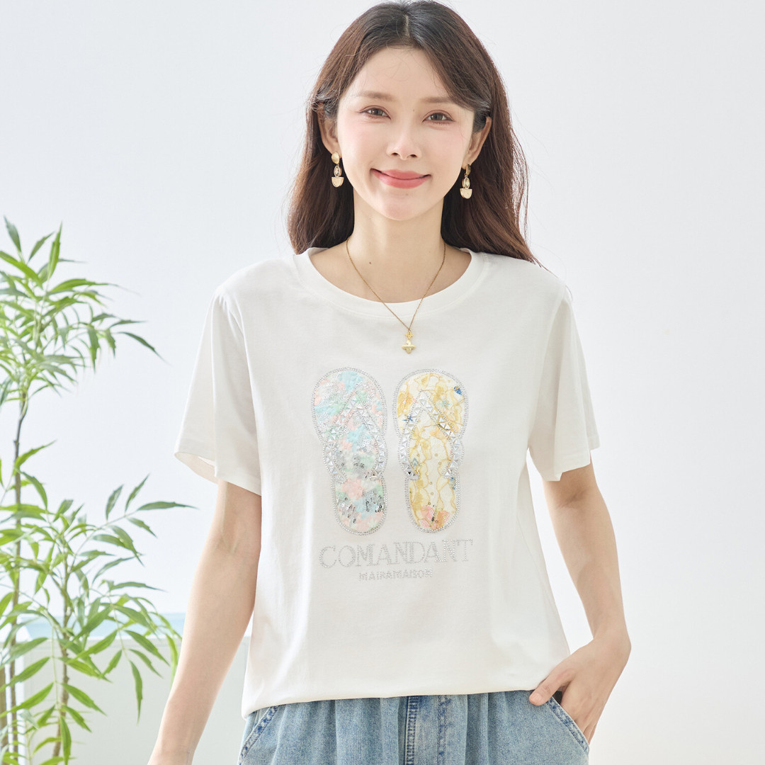 TRUBE 花柄フリップフロップサンダルイラスト半袖Tシャツ【M~L