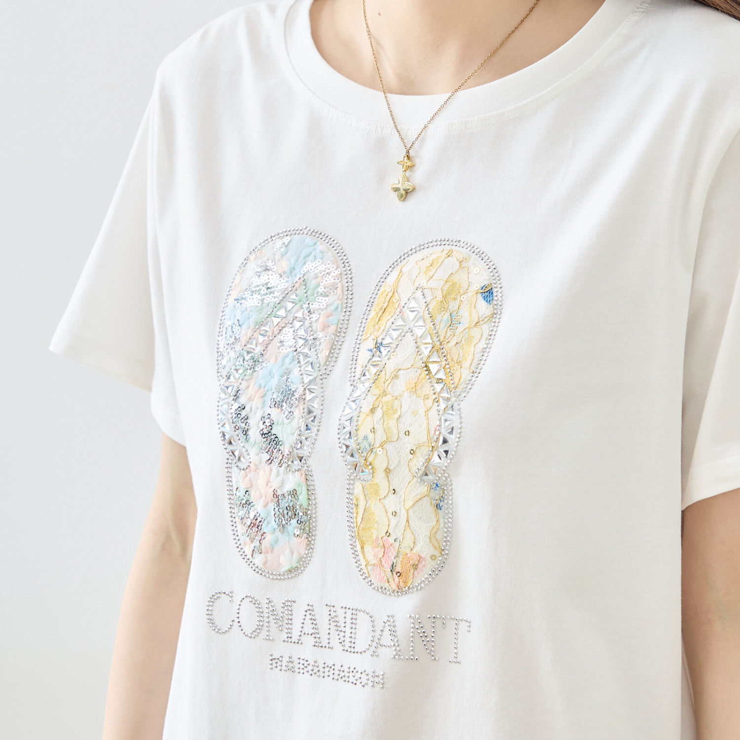 TRUBE 花柄フリップフロップサンダルイラスト半袖Tシャツ【M~L