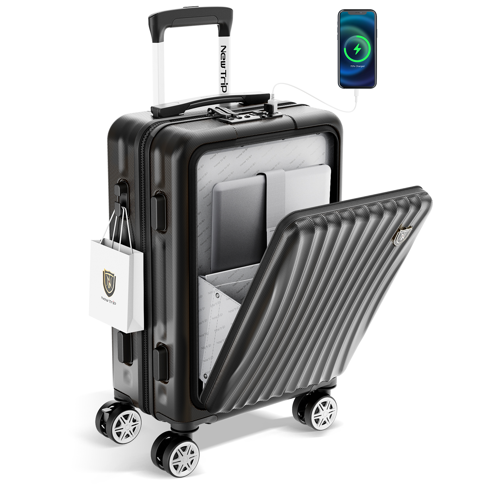New Trip スーツケース フロントオープン キャリーケース 機内持ち込み ストッパー付き USBポート付き YKKファスナー TSAロック Sサイズ 40L｜apitastore｜03