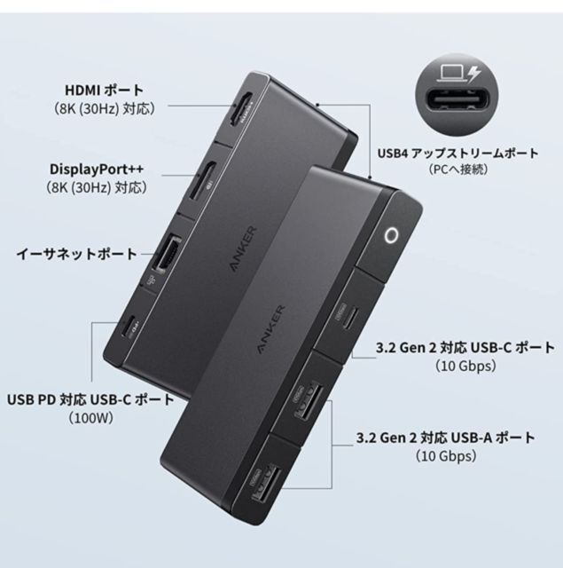 Anker 556 USB-C ハブ 8-in-1 USB4 ブラック アンカー パススルー急速 