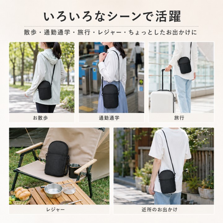 散歩や通勤通学、旅行、レジャー、近所のお出かけで使える保冷温ショルダーポーチ