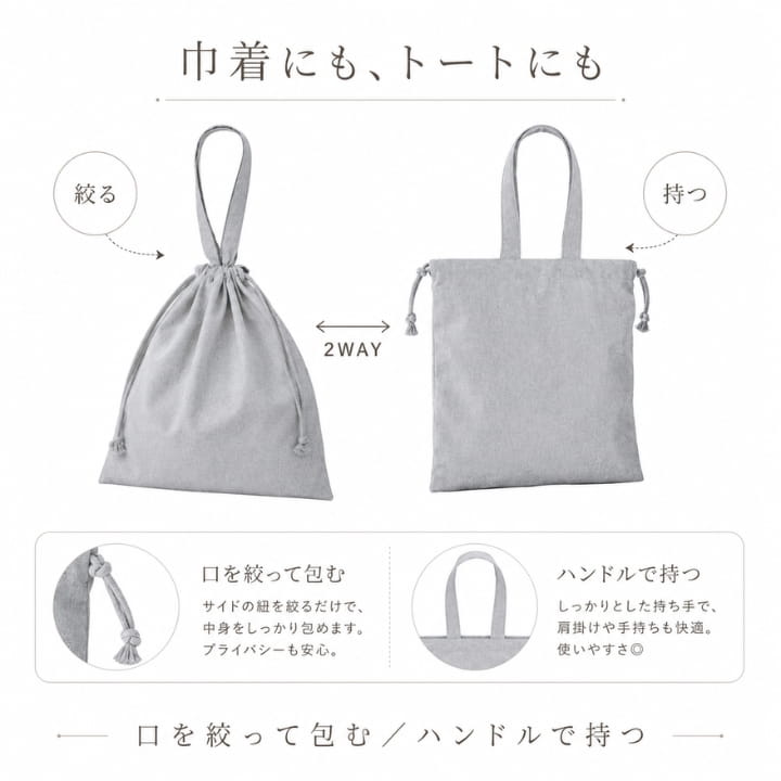 2WAY巾着バッグ トートバッグ RK261411 リサイクルコットン 巾着袋 2WAY巾着バッグ トートバッグ RK261411 リサイクルコットン 巾着袋