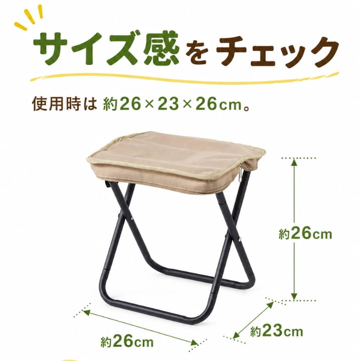 使用時約26cm x 23cm x 26cmのサイズ感が分かる軽量ベージュ折りたたみチェア