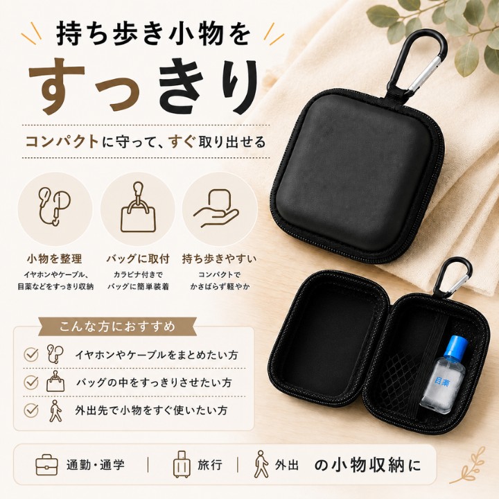 ブラックのスクエア型ハードケース正面、バッグに掛けやすいカラビナ付き小物ケース