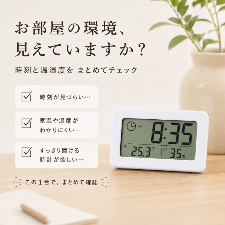 部屋の時刻や温湿度をまとめて確認できるコンパクトなデジタル時計