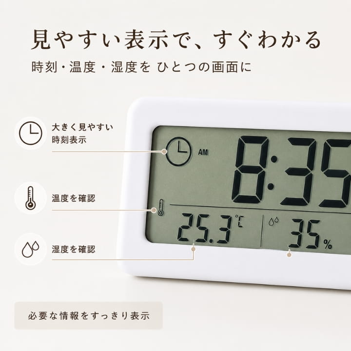 大きな時刻表示と温度表示湿度表示を備えた見やすい液晶画面