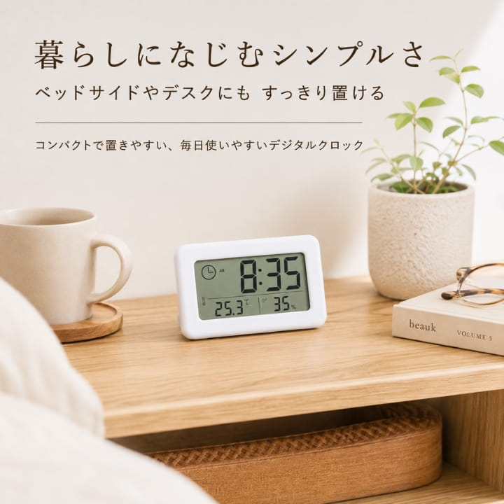 ベッドサイドやデスクにすっきり置ける白いコンパクトデジタルクロック