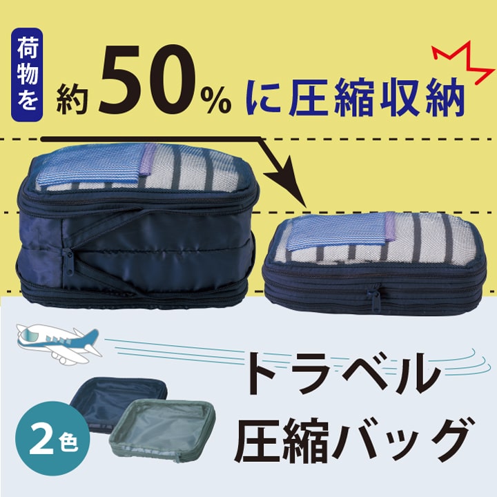 荷物を約50%圧縮収納できる両面開きトラベル圧縮バッグ2色展開 メッシュで中身が見える旅行用パッキングキューブ
