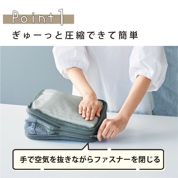 手で空気を抜きながらファスナーを回すだけの簡単圧縮操作 トラベル圧縮バッグの使用シーン