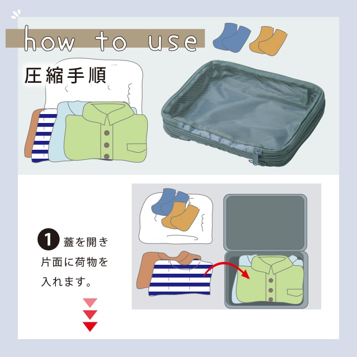 使い方ステップ1 片面に衣類を入れる 両面開きで整理しやすいトラベル圧縮バッグ