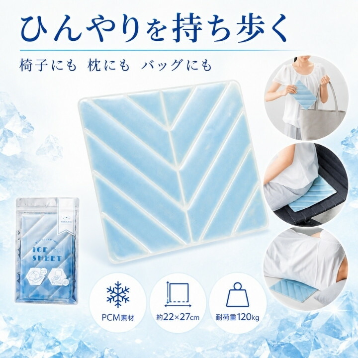 椅子、枕、バッグに使えるコンパクトなPCM素材アイスシートとパッケージ