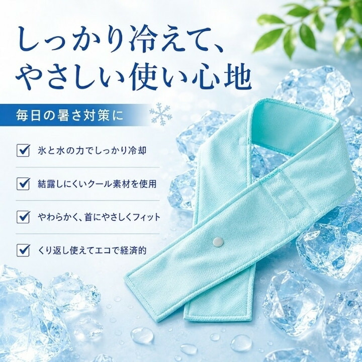 氷と水で冷やす首巻き氷のうのライトブルーカバーと結露しにくいクール素材