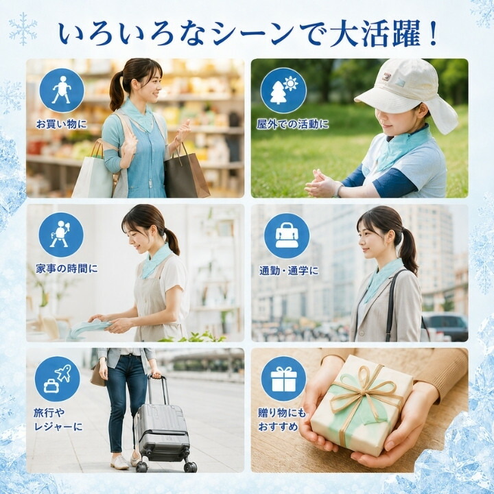 買い物や屋外活動、家事、通勤通学、旅行、ギフトに使える首巻き氷のう