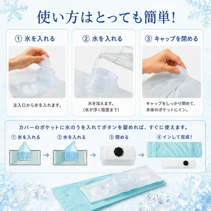 氷を入れて水を加えキャップを閉める首巻き氷のうアイスクーラーの使い方