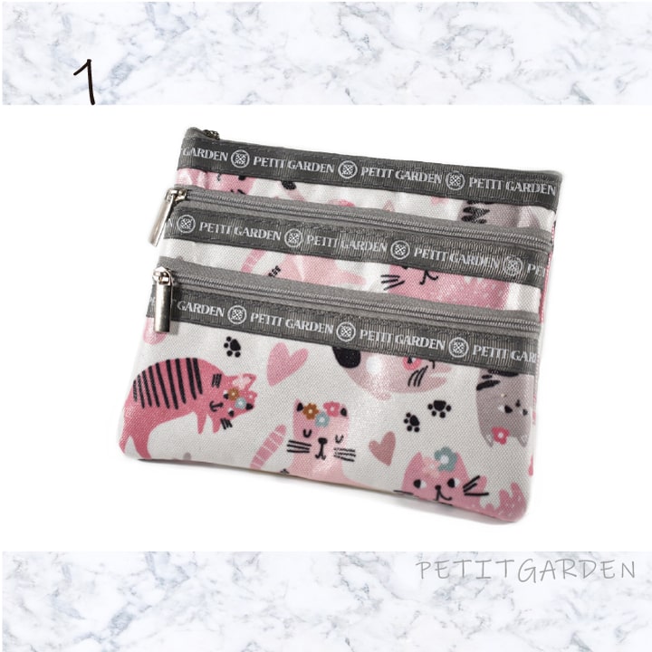 1000円ポッキリ 送料無料 PETIT GARDEN ネコ 3連ファスナーポーチ