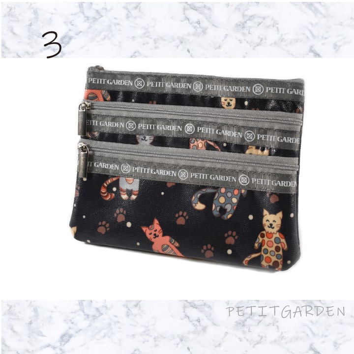 1000円ポッキリ 送料無料 PETIT GARDEN ネコ 3連ファスナーポーチ