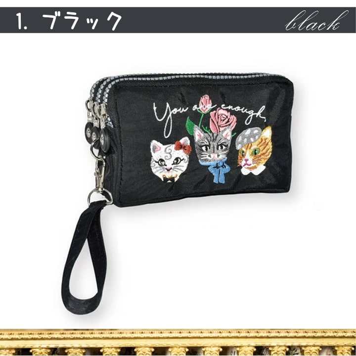 猫刺繍3連ファスナーポーチ レディース ナイロン 軽量 小物入れ 化粧