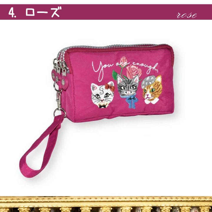 猫刺繍3連ファスナーポーチ レディース ナイロン 軽量 小物入れ 化粧