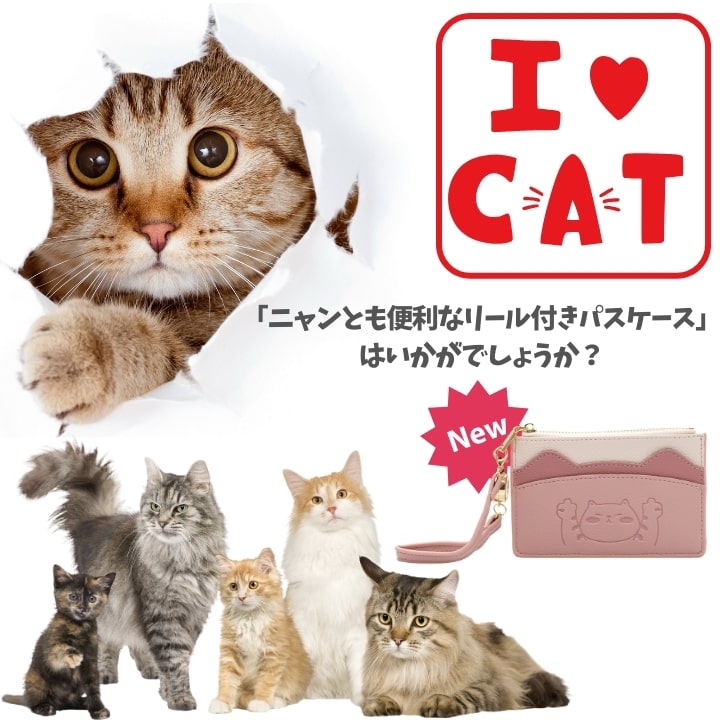 パスケース 猫 ねこ ネコ カード入れ リール式 定期 IDカードホルダー