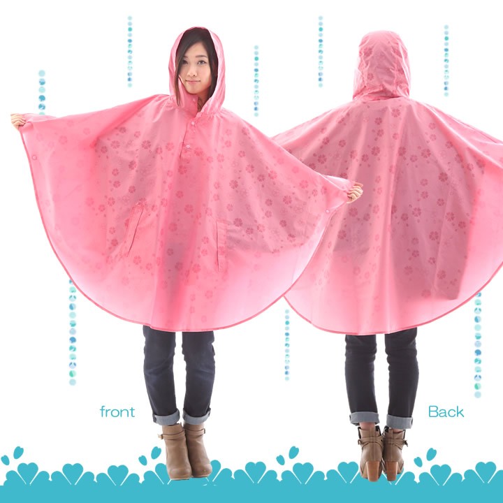レインコート ポンチョ 桜雫 雨に濡れると桜柄が浮き出る レディース