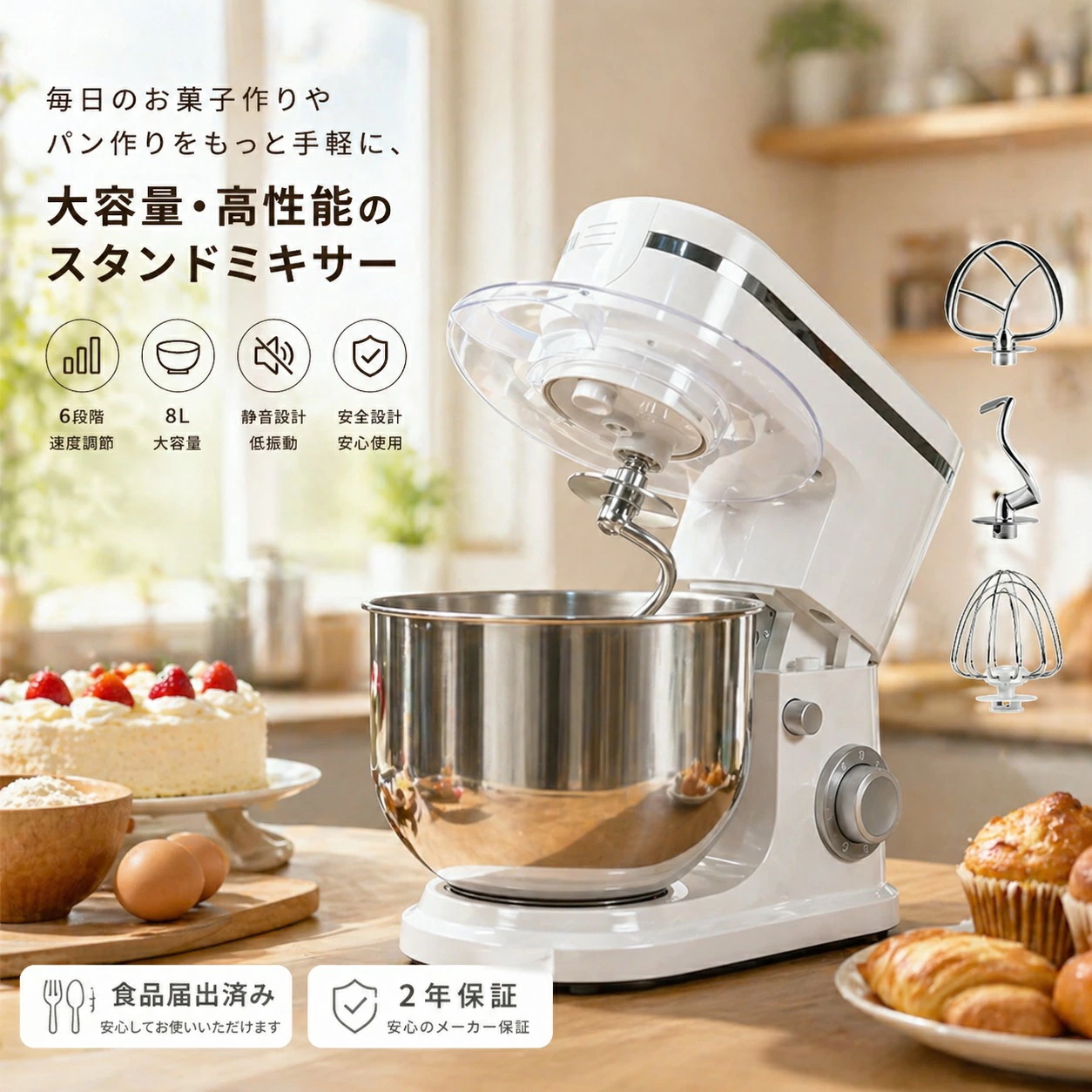 スタンドミキサー 大容量 家庭用 卓上ミキサー 業務用 パン 撹拌機 4L