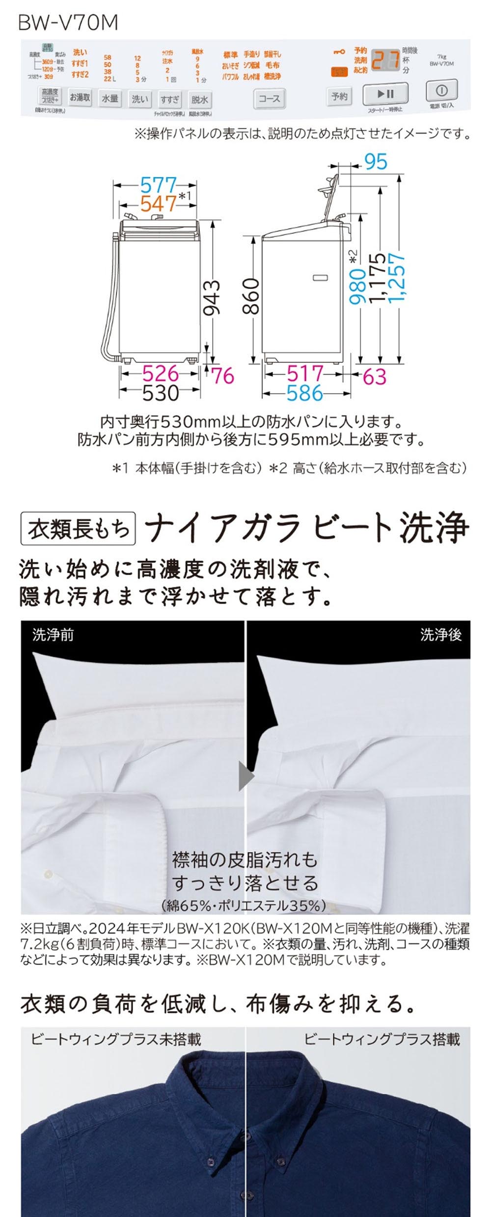 日立（HITACHI） 洗濯機 縦型 7kg 全自動洗濯機 BW-V70M ホワイト
