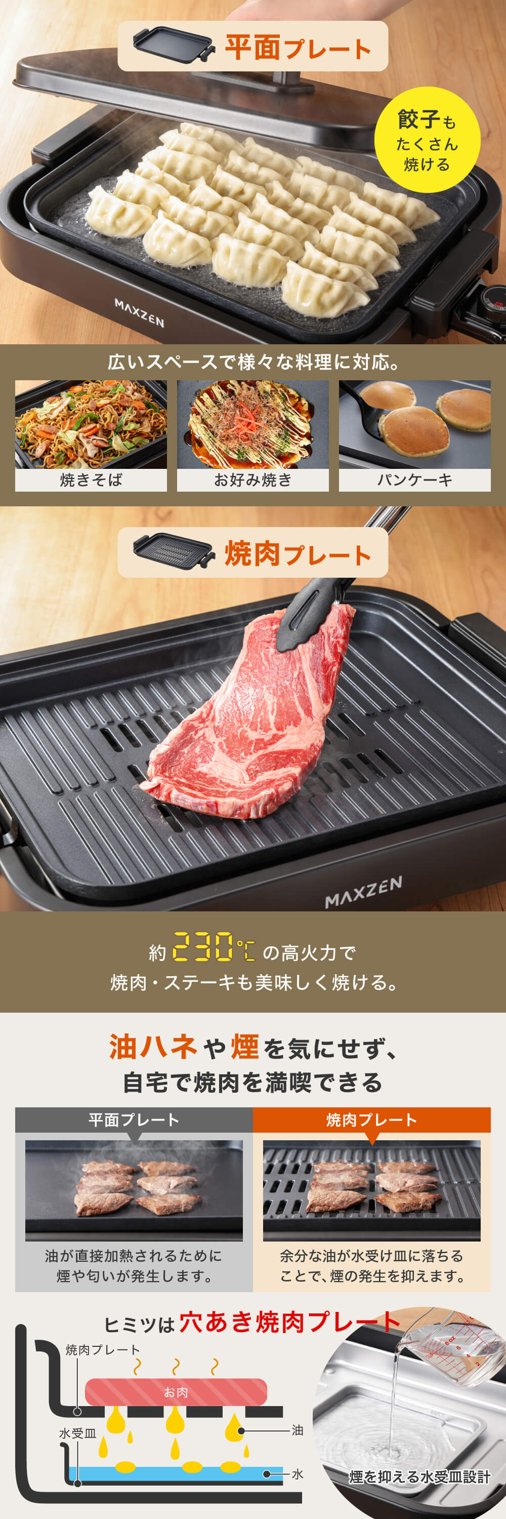 MAXZEN ホットプレート 鍋 焼肉 たこ焼き 温度調整 プレート グリル鍋 MAXZEN（マクスゼン） ホットプレート 鍋 焼肉 たこ焼き 温度調整