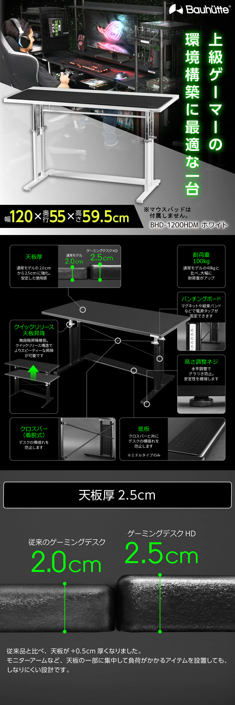 Bauhutte バウヒュッテ デスク BHD-1200HDM-WH ホワイト ゲーミング