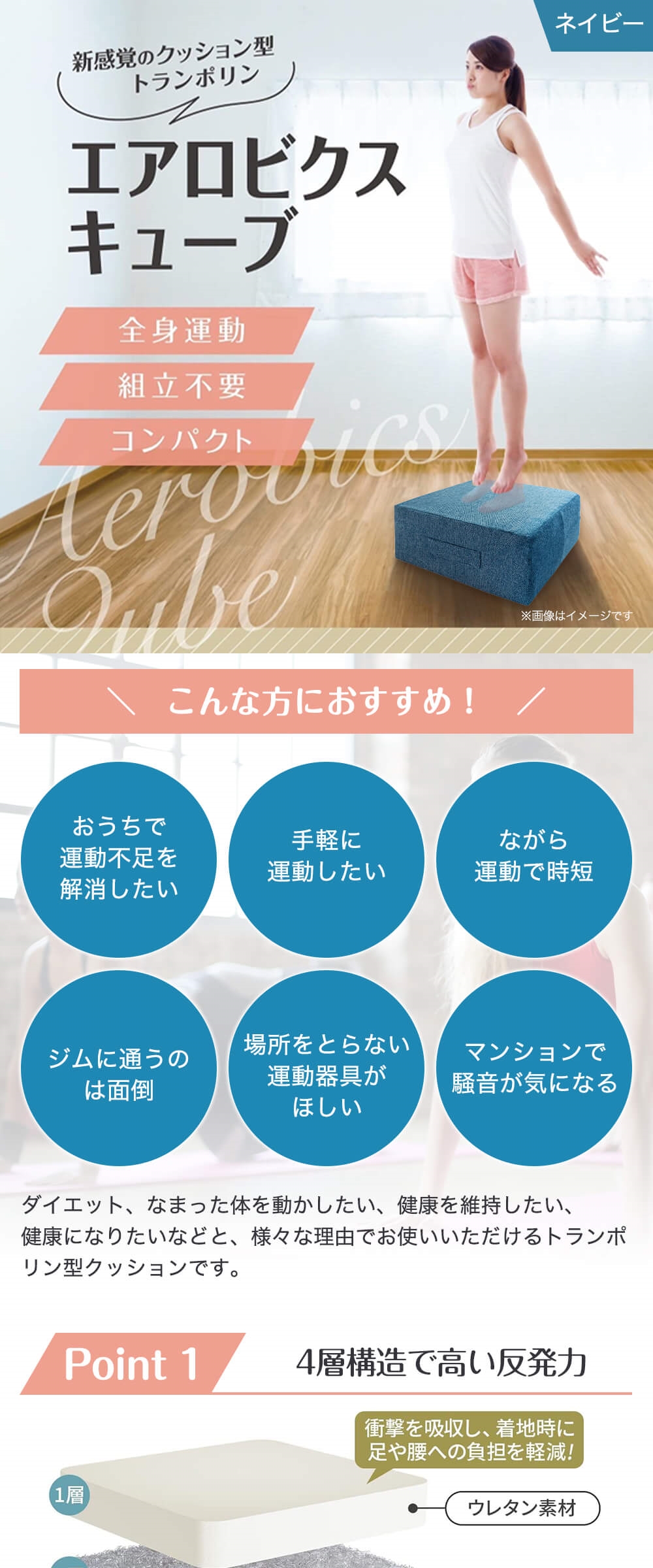 室内 トランポリン クッション ネイビー 50×50cm エアロビクスキューブ