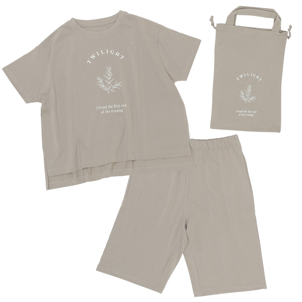 巾着付き 半袖ロゴ上下セットルームウェア コットン 吸水速乾 パジャマ