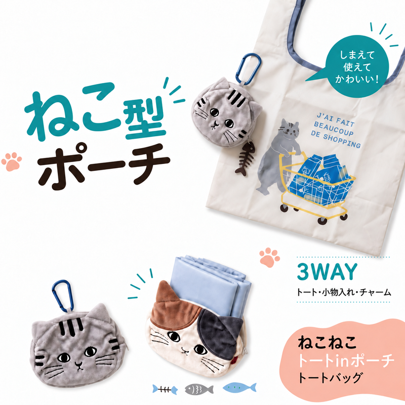 ねこ型トートinポーチ かわいい ネコチャーム キーホルダー エコバック