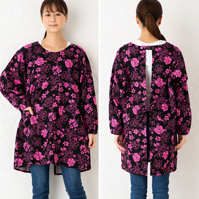 割ぽう着 ローズ柄Uネック割烹着 M−L fukg01 おしゃれ 花柄 薔薇 黒