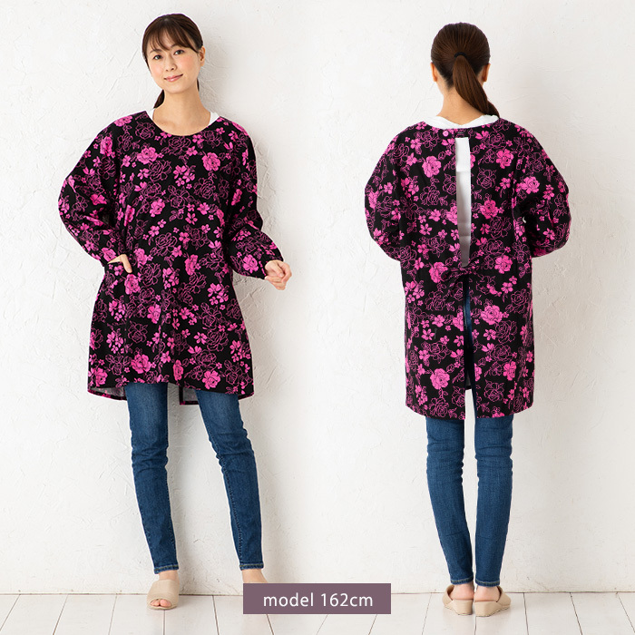 割ぽう着 ローズ柄Uネック割烹着 M−L fukg01 おしゃれ 花柄 薔薇 黒