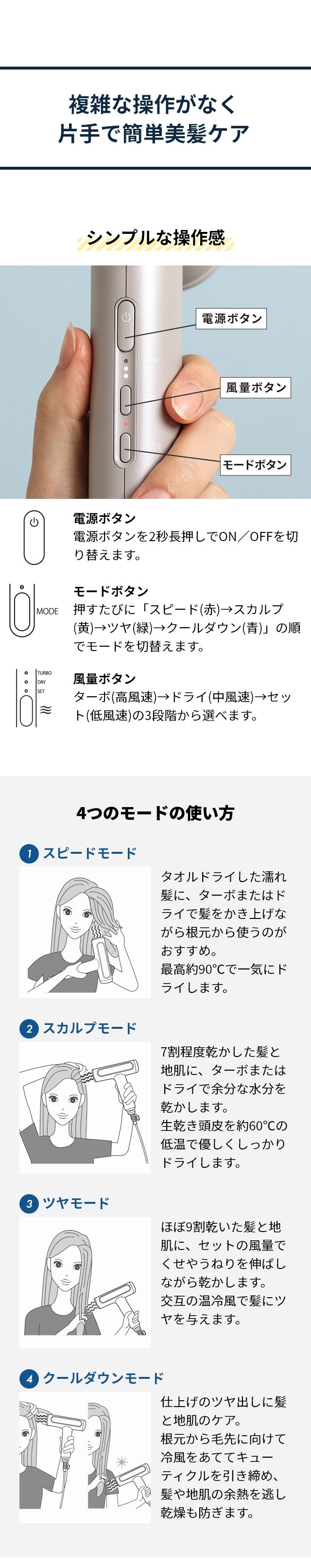 FESTINO (フェスティノ) ツヤモイストドライヤー (Tsuyamoist Dryer) SMHB-029：複雑な操作がなく片手で簡単美髪ケア