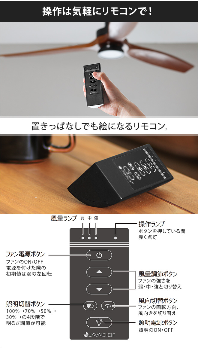 JAVAIO ELFシーリングファン　リモコン付き JAVALO ELF LEDシーリングファン シーリングファンライト