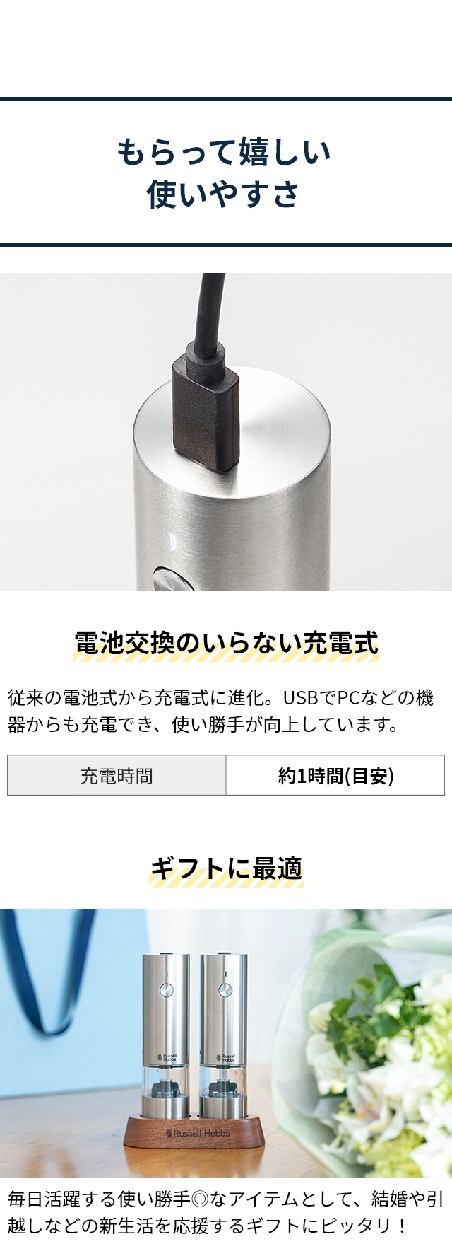 Russell Hobbs (ラッセルホブス) 充電式ミル ソルト＆ペッパー ミニ 2本セット 7942JP