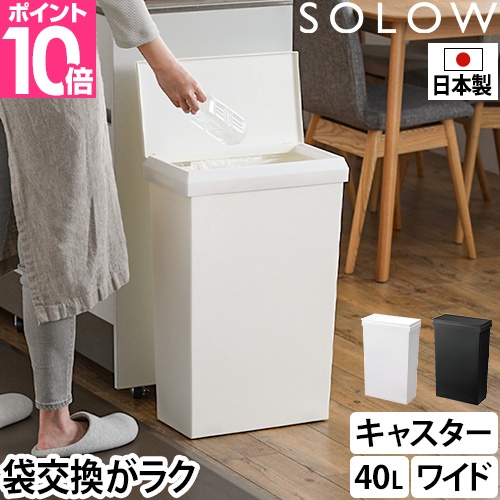 ソロウ ゴミ箱 ふた付き 袋の交換が楽なダストボックスワイド40L 蓋付きゴミ箱 くず入れ 45リットル袋 日本製 おしゃれ 分別 北欧 大容量  キャスター付き