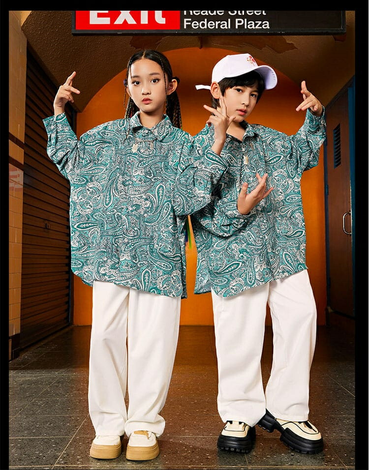 キッズダンス衣装 セットアップ ペイズリー柄 柄シャツ トップス