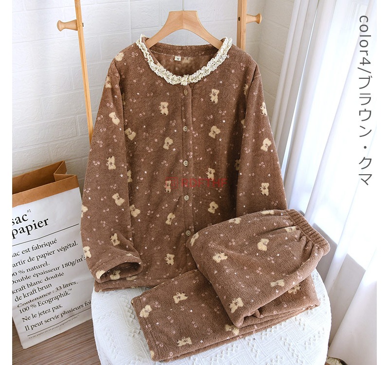 パジャマ レディース ルームウェア 冬 花柄 レース ふわふわ 上下