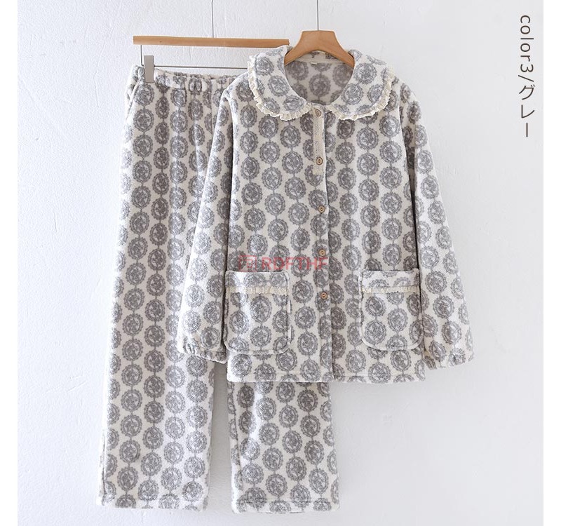 パジャマ レディース ルームウェア 冬 花柄 レース ふわふわ 上下