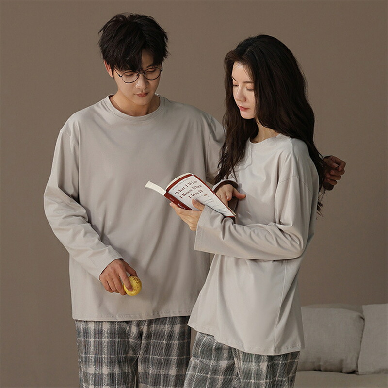 ペア パジャマ 長袖 男女2着 セット 綿100％ シンプル 柔らかい