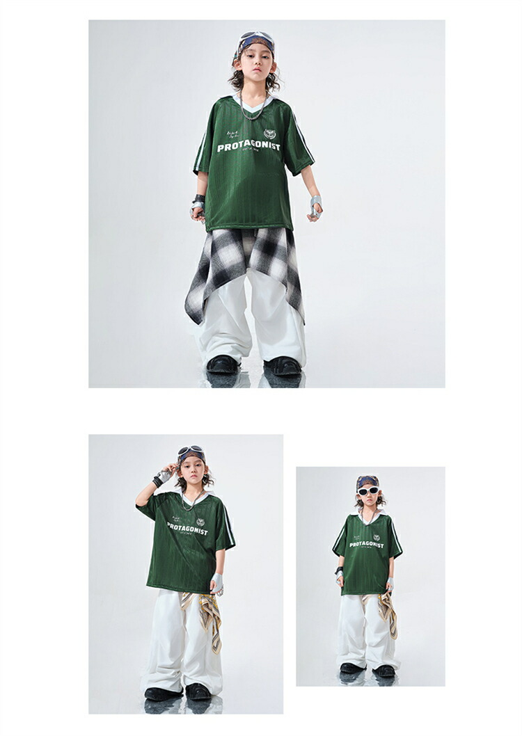 ダンス衣装 HIPHOP キッズ セットアップ 子供服 tシャツ 緑 ワイド