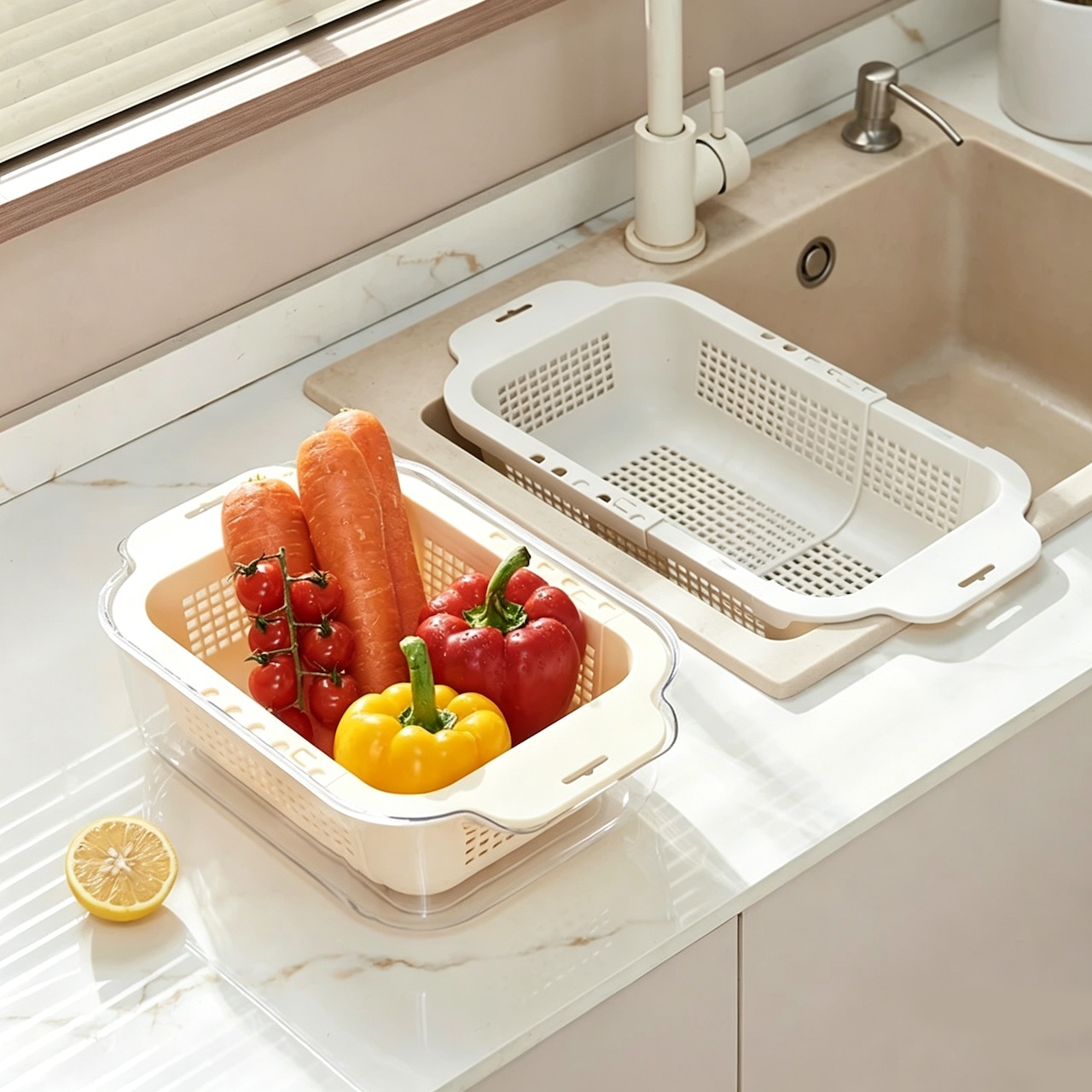水切りラック 二段式 伸縮式 シンク上対応 水切りバスケット 野菜洗い