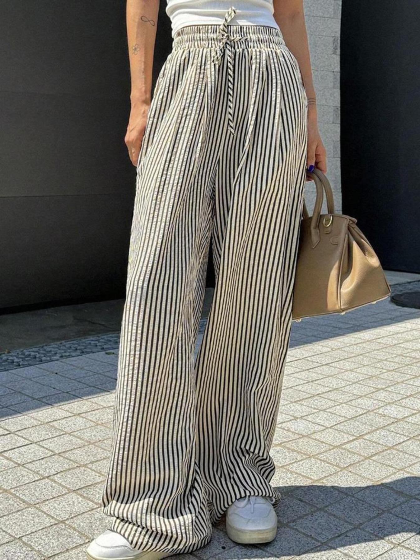 ストライプ ワイドパンツ レディース ハイウエスト 夏用 薄手 通気性