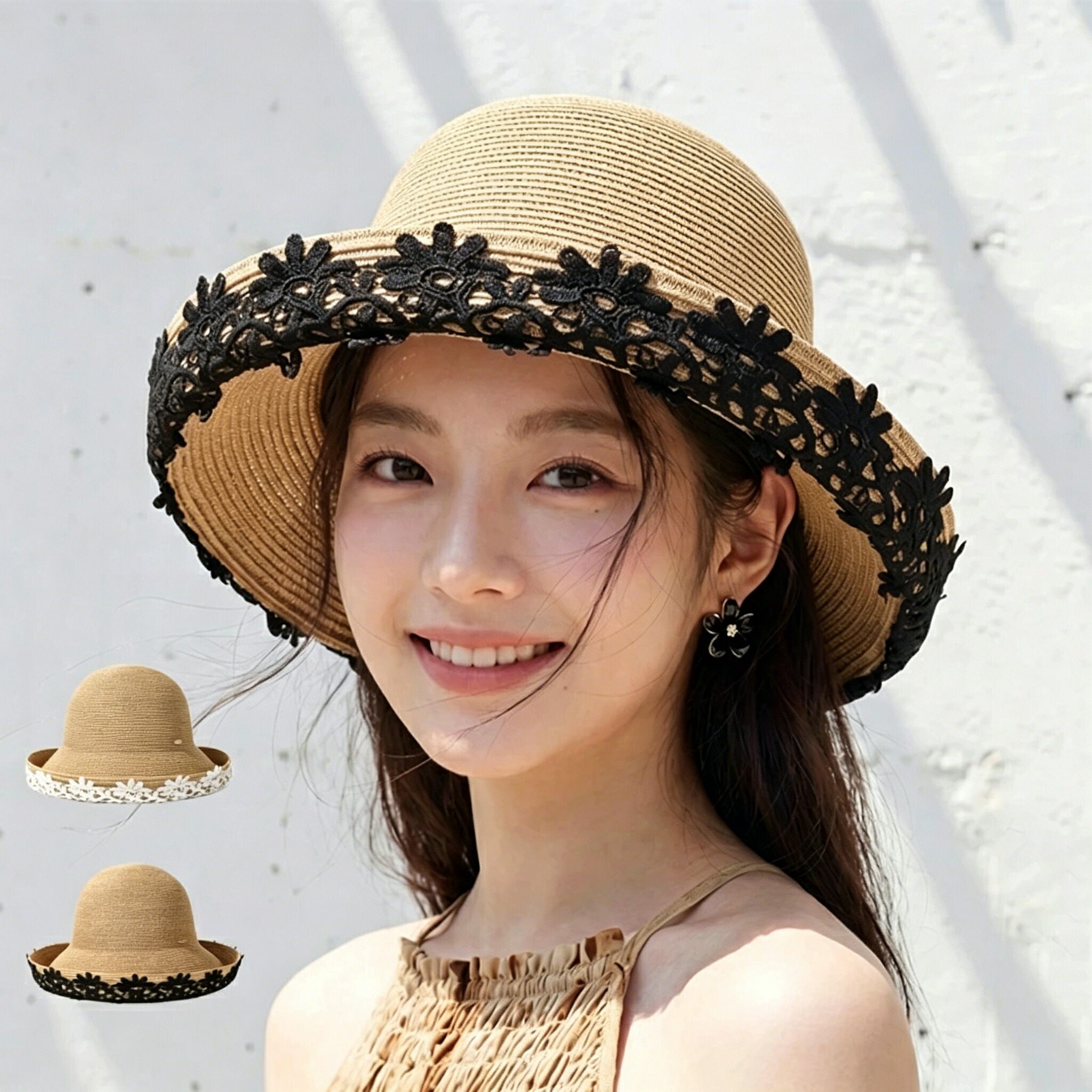 麦わら帽子 ストローハット 花飾り付き 麦わら帽子 レディース ストローハット つば広ハット 花刺繍 ペーパー