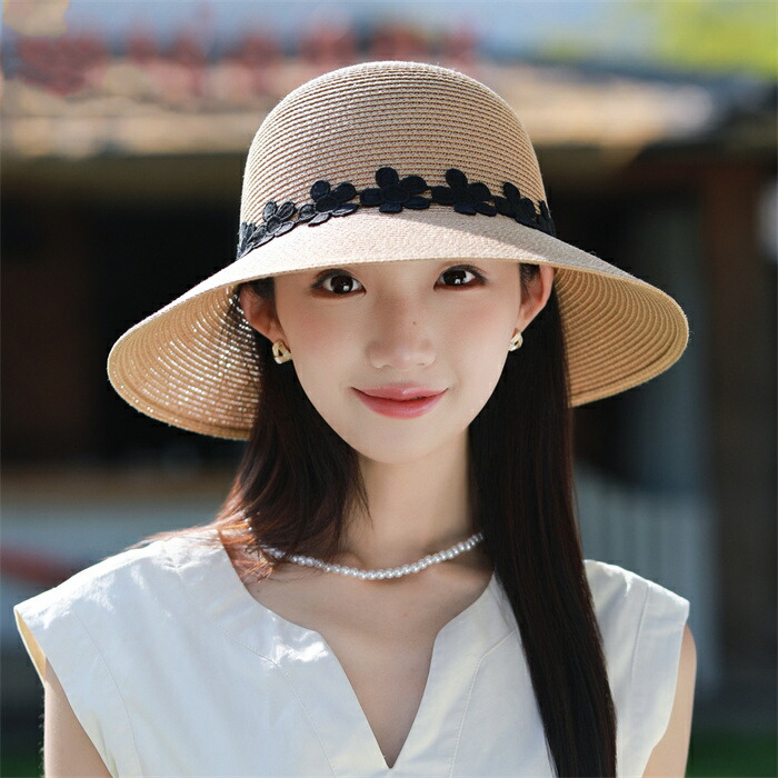 麦わら帽子 レディース つば広ハット ストローハット 折りたたみ 花