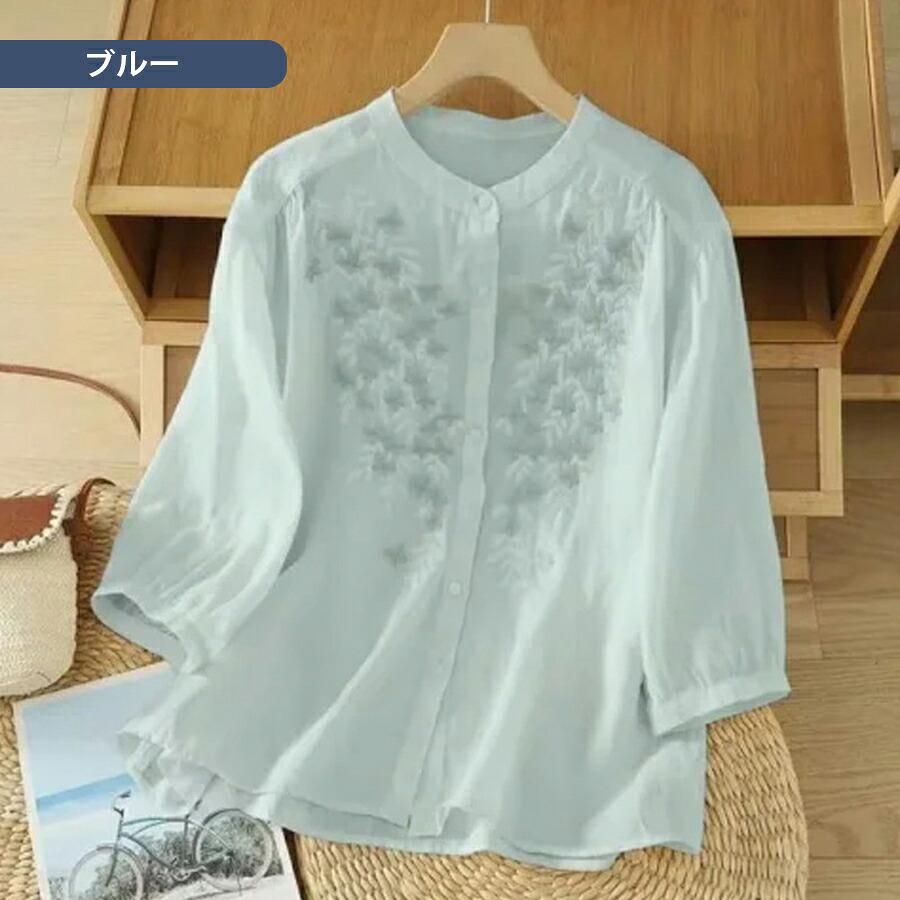 半袖ブラウス レディース スタンドカラー 綿麻 刺繍 エスニック